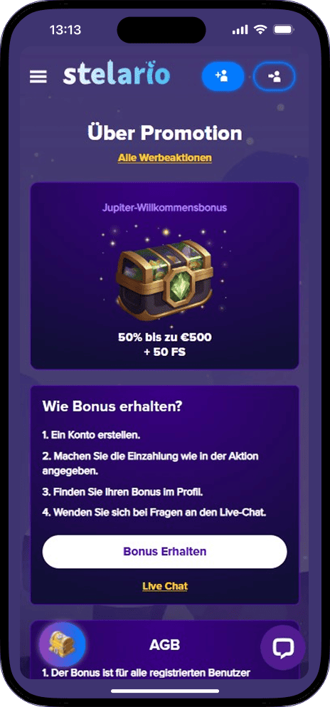 Stelario Jupiter Willkommensbonus