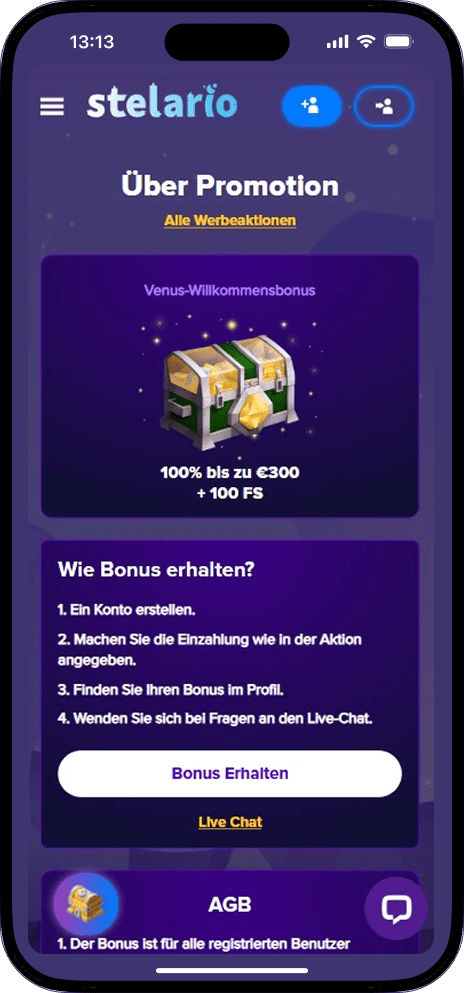 Stelario Venus Willkommensbonus